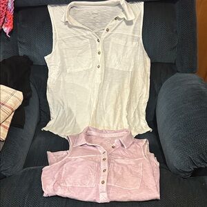Casual Women's Sleeveless Button-Down Tops - White and Pink